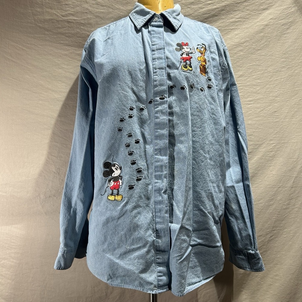 Vintage Disney Store Mickey MousePluto Embroidered Chambray Shirt XL Paw Prints